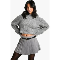 boohoo Women's Petite Belt Detail Pleated Woven Mini Skirt in Grey | Size: 12 | Boohoo.com (UK & IE)