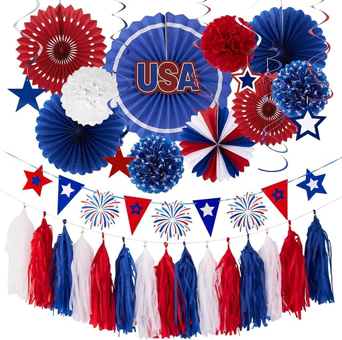 COMPLETE PARTY SET: The 4th of July decoration set 6 paper fans in various sizes and patriotic de... | Amazon (US)