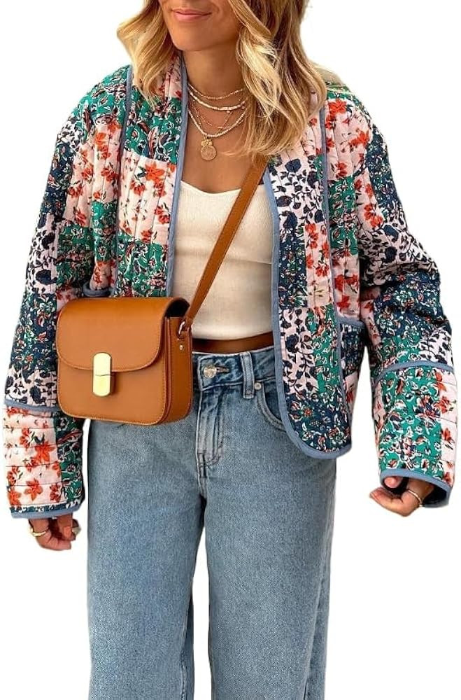 Womens Quilted Lightweight Jackets Coquette Floral Print Winter Coats Y2K Open Front Cropped Card... | Amazon (US)