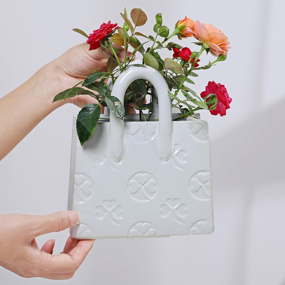 Handbag Shaped Ceramic Vase – White Small Decorative Vase with Clover Pattern, 5.9" L x 2.95" W... | Amazon (US)