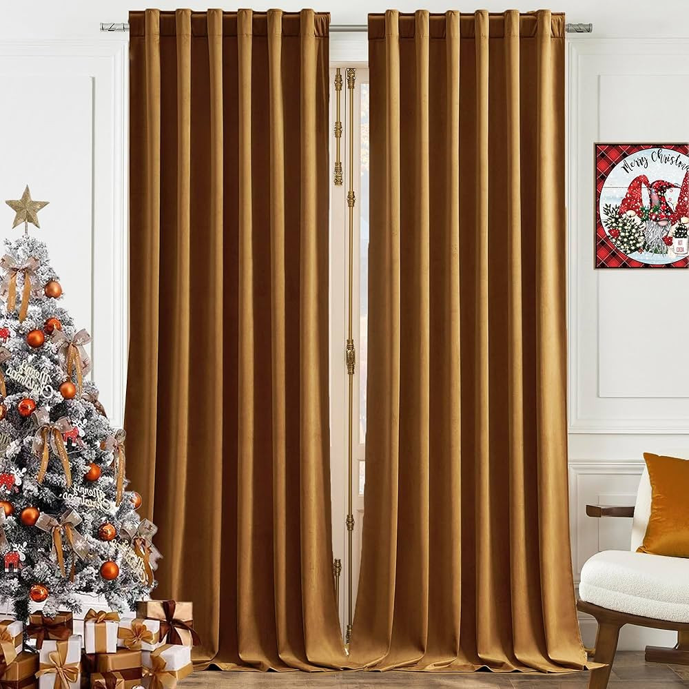 Timeper Gold Velvet Curtains for Sliding Door - Holiday Decor 90 inches Long Backdrop Curtains fo... | Amazon (US)