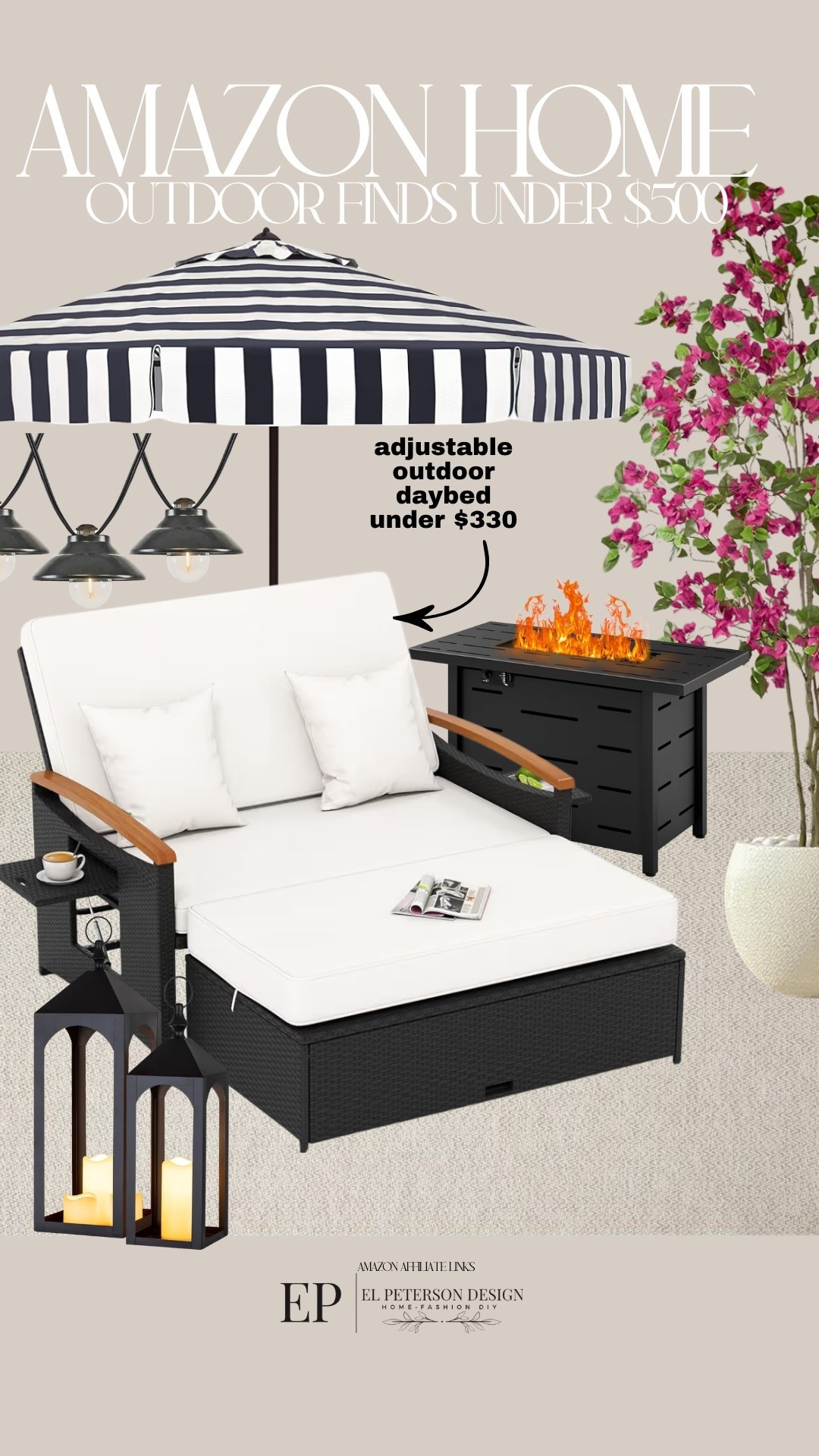 Amazon Outdoor
Fire pit
Outdoor umbrella 
Floor lantern
Outdoor daybed
String light 


#LTKHome