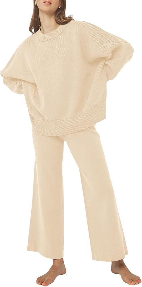 LILLUSORY Women 2 Piece Outfits Sweatsuit Sweater Sets Oversized Knit Pullover Tops Wide Leg Pant... | Amazon (US)