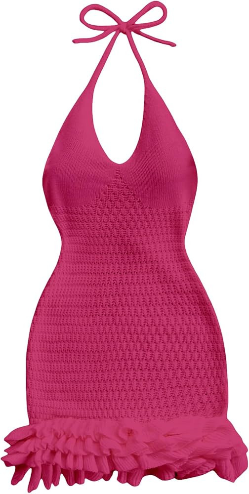 GORGLITTER Women's Crochet Halter Knit Bubble Backless Dresses Summer Vacation Festival Cruise Ha... | Amazon (US)