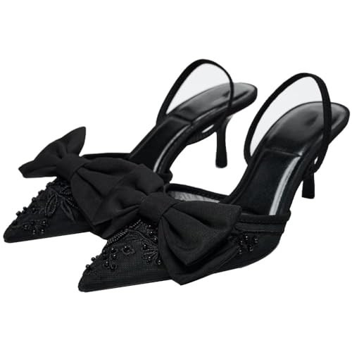 CRETUAO Women's Bow Slingback Stiletto Heels,Pointed Toe Mesh Embroidered Beads Kitten Heels,Bridal Party Wedding Pumps,2 Black,9 | Amazon (CA)
