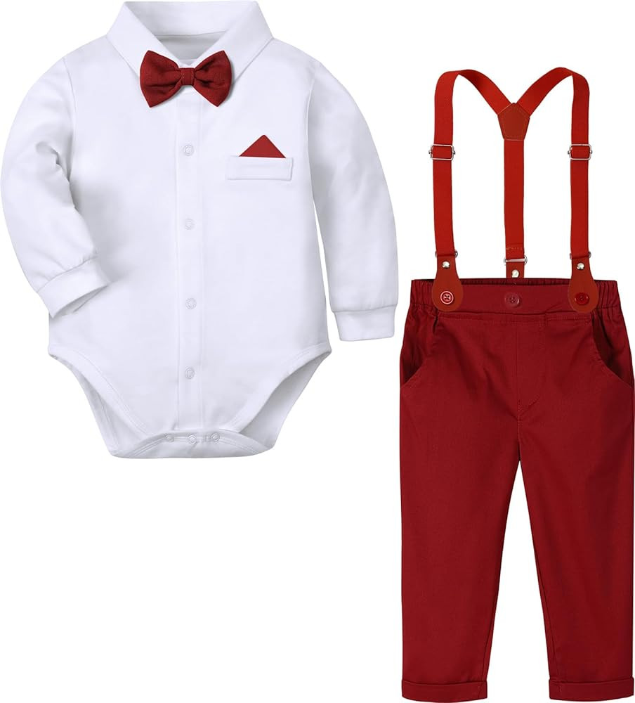 A&J DESIGN Baby Boys Suits Infant Gentleman Formal Wedding Suspenders Outfit with Bowtie | Amazon (US)