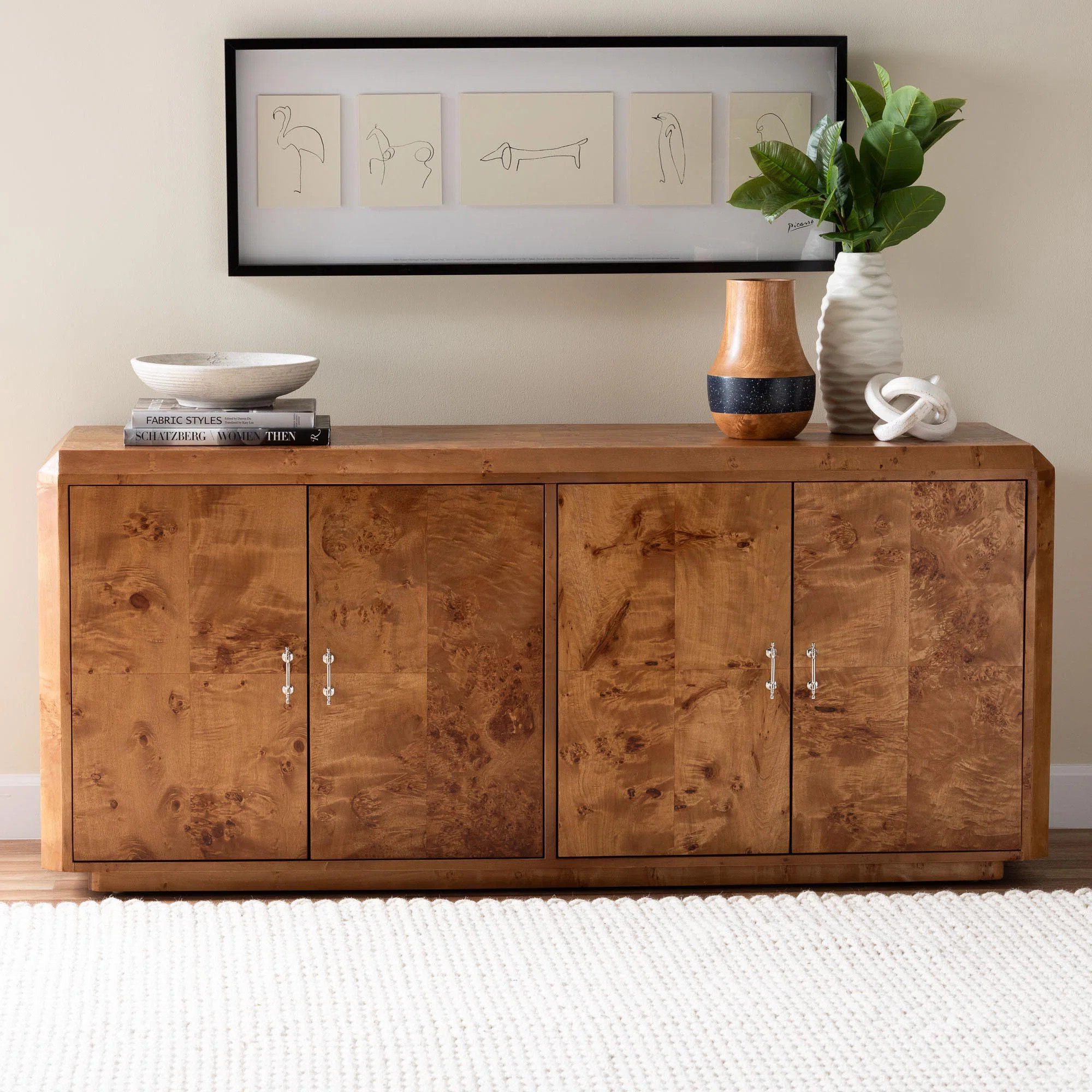 Millwood Pines Bali & Pari Valora Modern And Contemporary Natural Mappa Burl Wood 4-Door Sideboar... | Wayfair North America