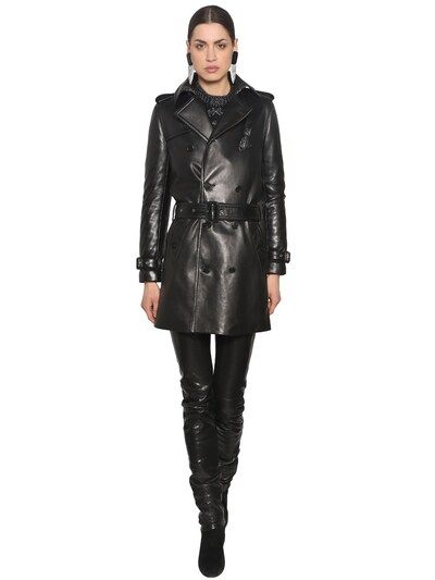 SAINT LAURENT, Double breast nappa leather trench coat, Black, Luisaviaroma | Luisaviaroma