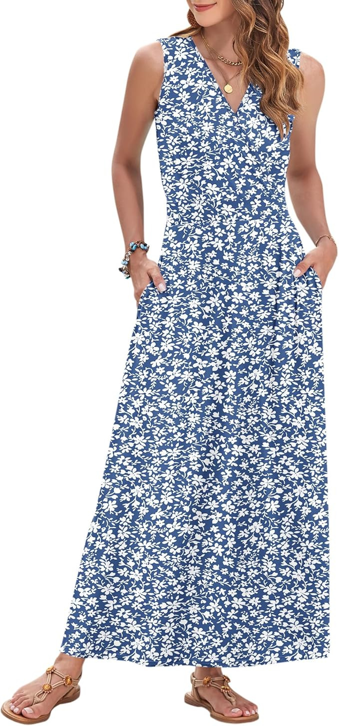 AUSELILY Women's Maxi Dress 2025 Summer Casual Sleeveless Sundress V Neck Wrap Vacation Cocktail ... | Amazon (US)