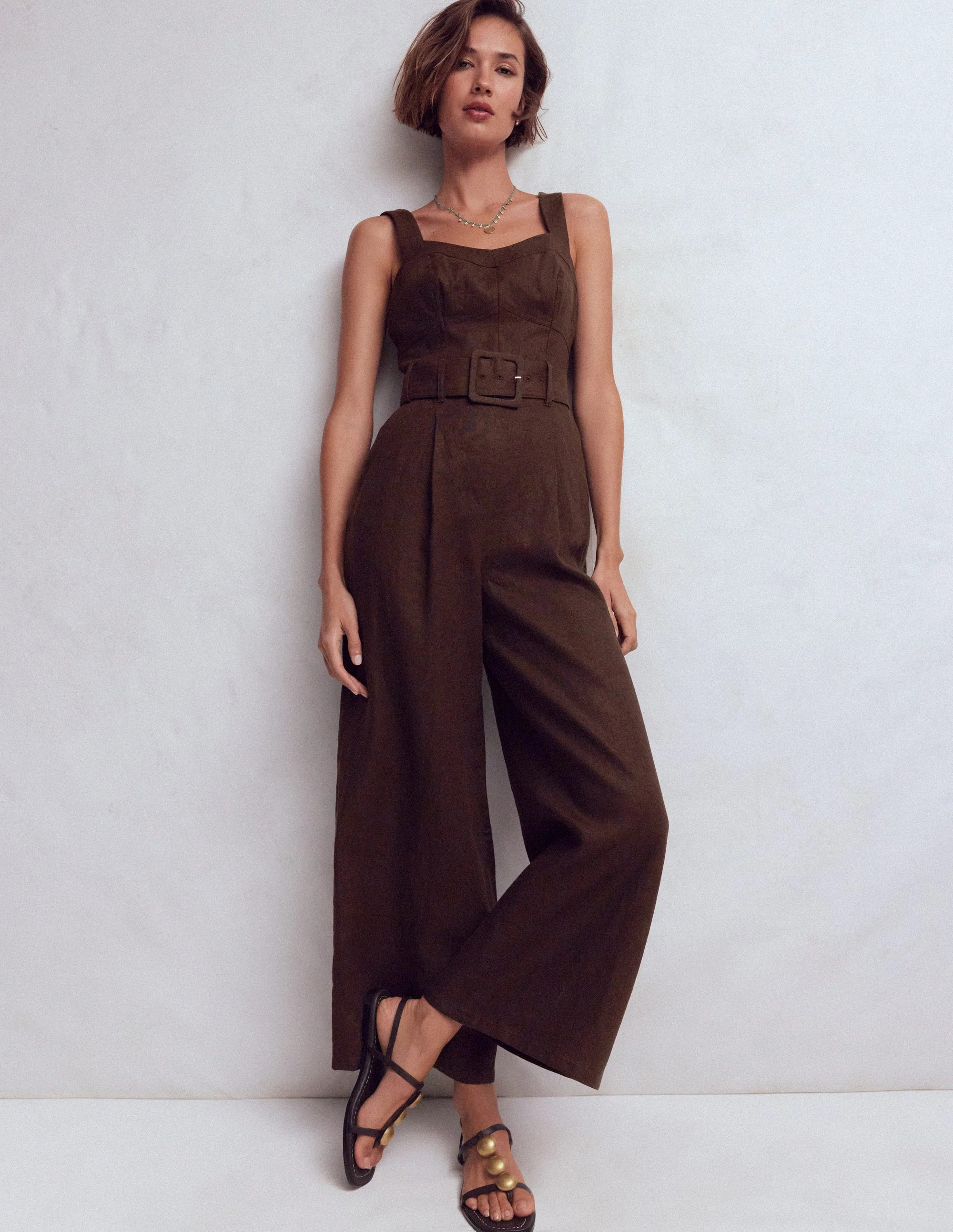 Boden Women's Panelled Bodice Linen Jumpsuit in Brown | Size 12 | Boden (US)