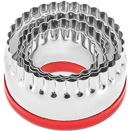 COOKIEQUE 4-Pieces Fluted Round Cookie Cutters, Metal Circle Biscuit Cutters Set, Wave Cookies Cutter with Fluted Edge, Unique Design with Protective Red Top PVC | Amazon (US)