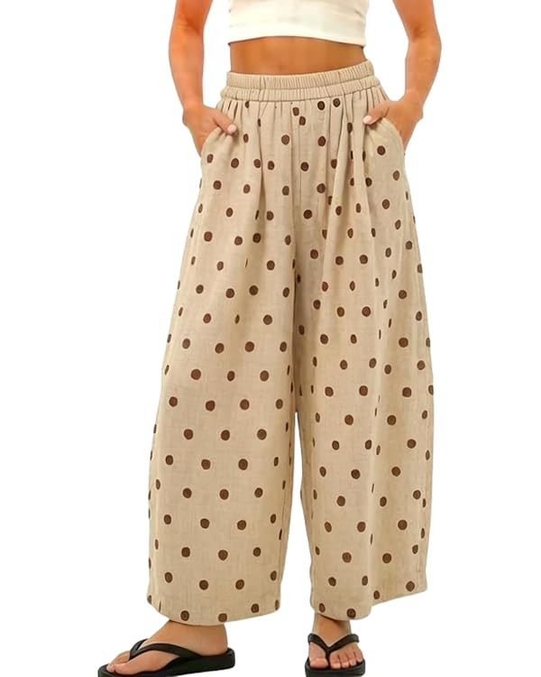 chouyatou Women Summer Boho Cotton Linen Polka Dot Pants Beach Elastic Waist Palazzo Wide Leg Bar... | Amazon (US)