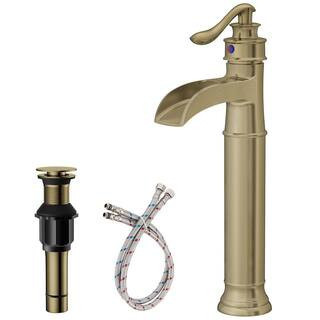 Single Handle Waterfall Vessel Sink Faucet with Drain Kit in Brushed Bronze Gold | The Home Depot