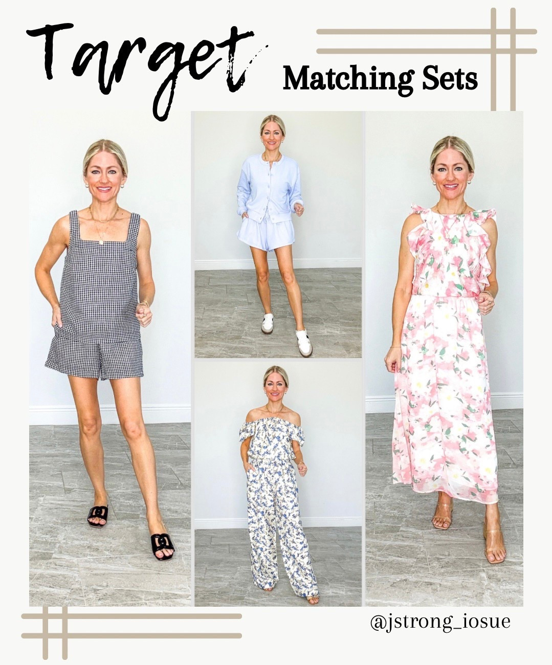 Matching sets from Target, Casual to Dressy! Black gingham set is linen material, shorts have a drawstring and pockets. Periwinkle set is a thick French Terry material, buttons are functional, and shorts have built in spandex underneath. Floral pant set is a lightweight material, top can be worn on or off the shoulders. Pink floral skirt set is lined, top has a ruffle detail. Pretty for Easter and Mother’s Day! 