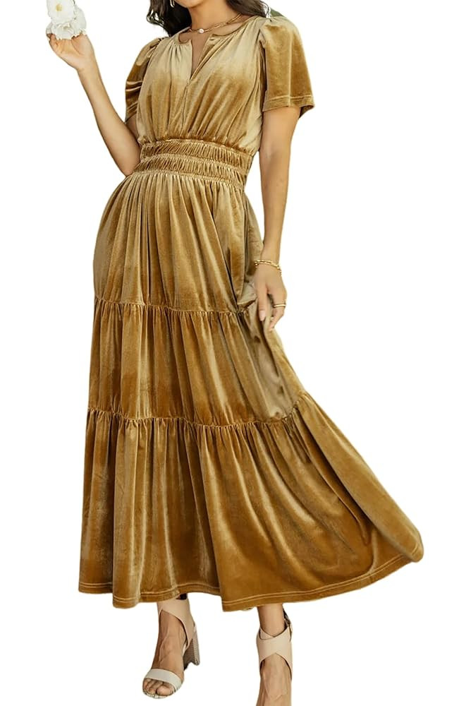 R.Vivimos Women's Fall Winter Vintage Velvet Dress Short Sleeve V Neck Elastic Waist Tiered Ruffl... | Amazon (US)