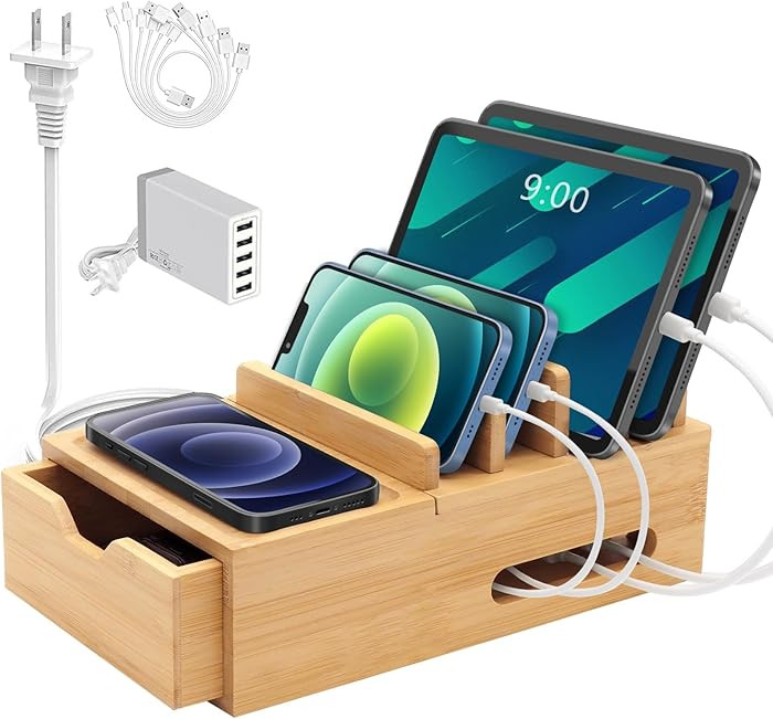 Bamboo Charging Station for Multiple Devices, Desktop Charger Organizer with Tray& Drawer, Wooden... | Amazon (US)