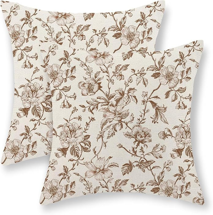 Brown Floral Pillow Covers 18x18 Set of 2 Brown and Cream Chinoiserie Floral Decorative Throw Pil... | Amazon (US)