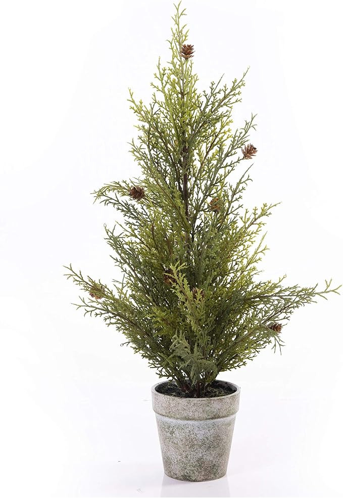 Merrily Mini Artificial Cedar Tabletop Christmas Tree with Mini Pine Cones and Plastic Pot - 18 I... | Amazon (US)