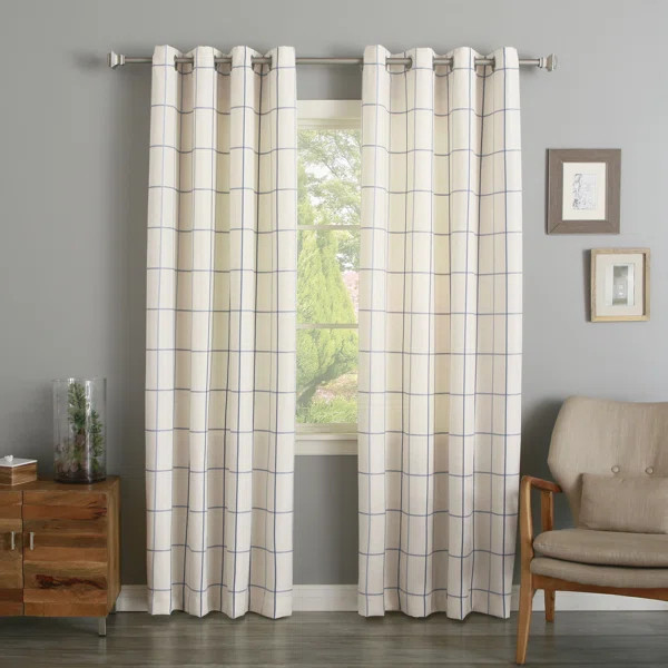 Grommet Grid Stitched Linen Blend Plaid & Check Semi-Sheer Curtain Panels | Wayfair North America