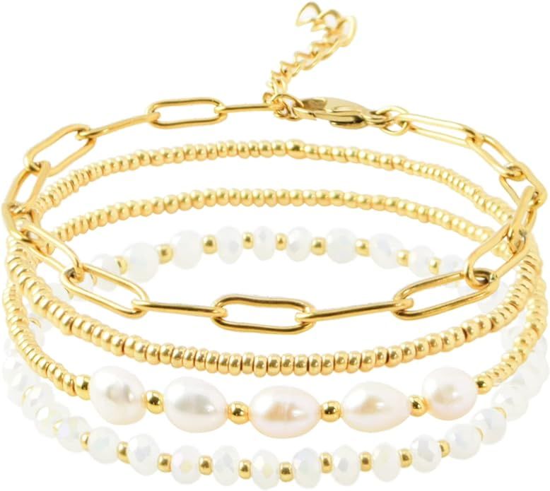 Dainty Gold Pearl Crystal Beaded Bracelets Set for Women 14K Real Gold Plated Bead Pearl Crystal ... | Amazon (US)
