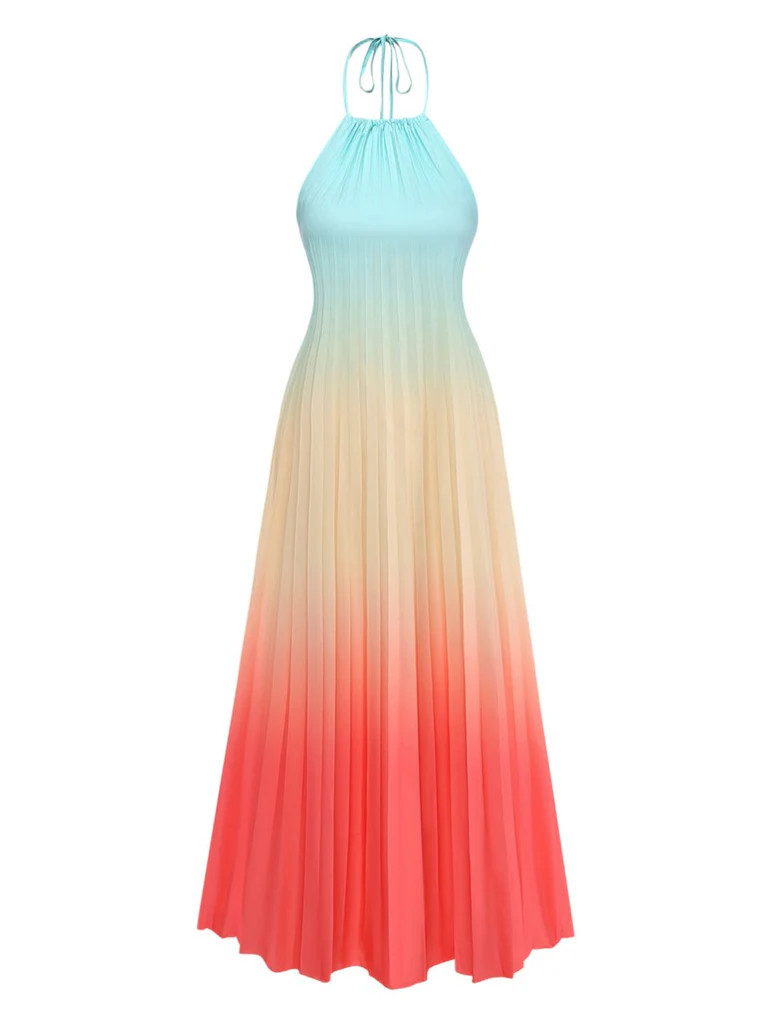 Multicolor 1930s Halter Gradient Pleated Maxi Dress | Retro Stage