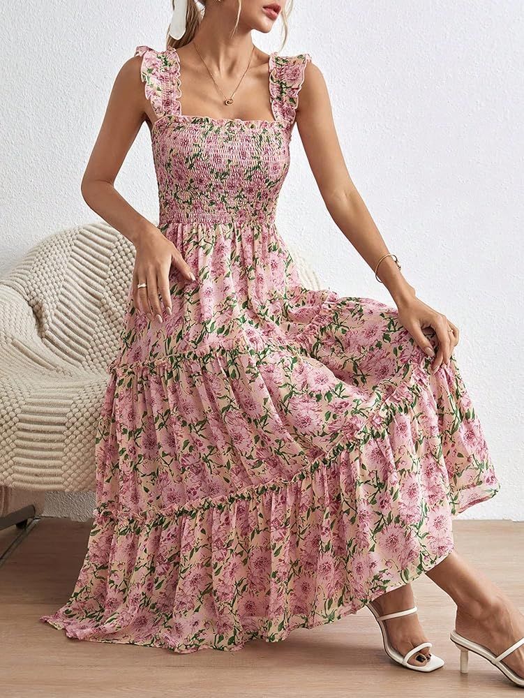 Dresses for Women Floral Print Frill Trim Shirred Bodice Dress | Amazon (US)