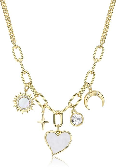Chunky Charm Necklace, Multi Heart Sun Moon Pearl Jade Healing Crystal Charm with 14k Gold Plated... | Amazon (US)