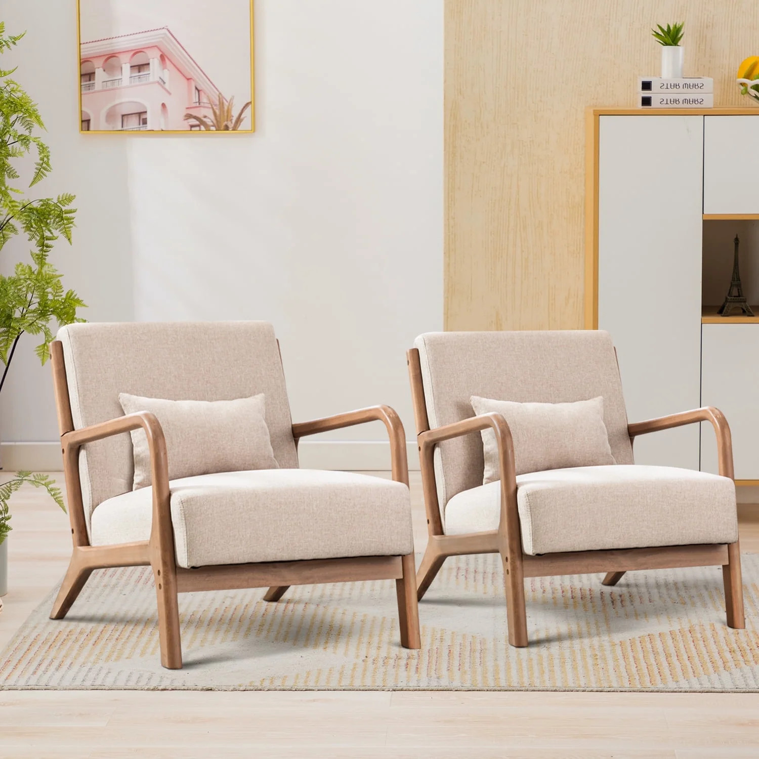 Bonzy Home Solid Wood Armchair, Mid-Century Accent Chair Set of 2 Living Room, Beige | Walmart (US)