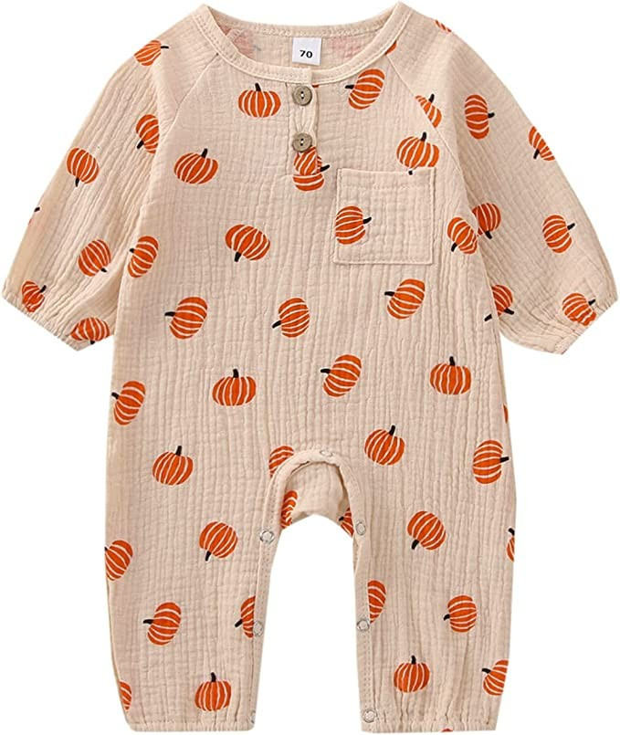 Newborn Baby Girl Boy Halloween Outfit Pumpkin Long Sleeve Romper Onesie Cotton Linen Jumpsuit Fa... | Amazon (US)
