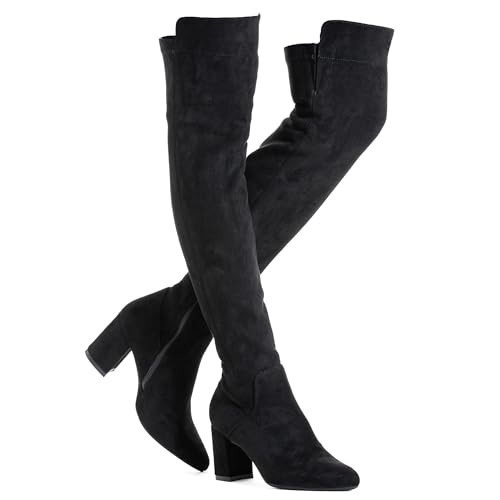 N.N.G Women Over the Knee Boots, Black Synthetic Suede, 3 Inch Block Heel, Side Zip, Stretch Material, Classic Style for Office Evening Casual Wear, Size 7.5 | Amazon (US)