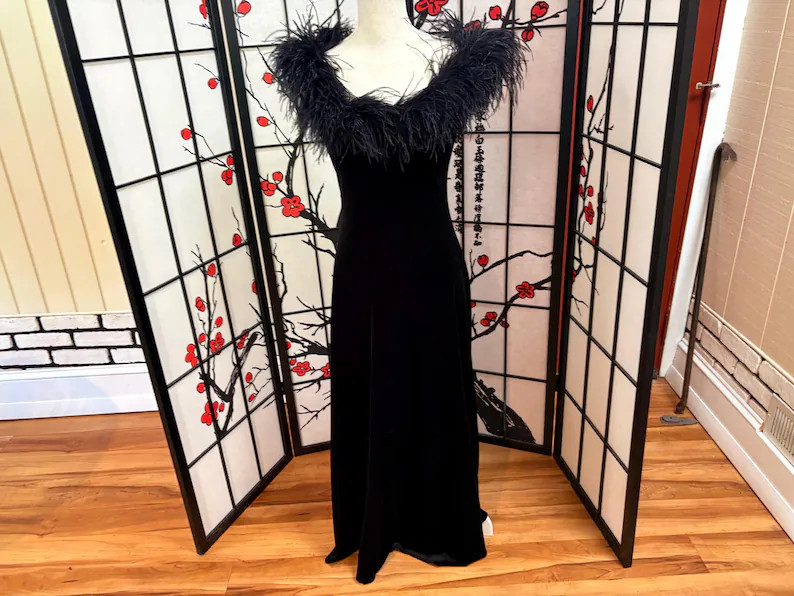 Black Velvet Evening Gown with Ostrich Feather Trim \u2013 Size 8 Petite | Etsy (Global)