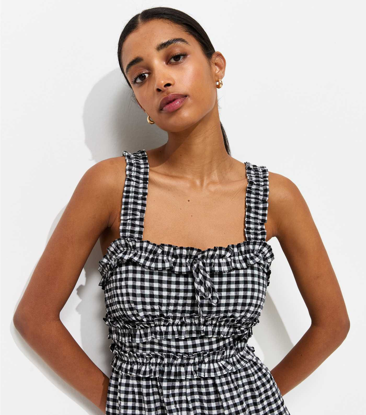 Black Crinkle Texture Frill Trim Gingham Midi Dress | New Look | New Look (UK)