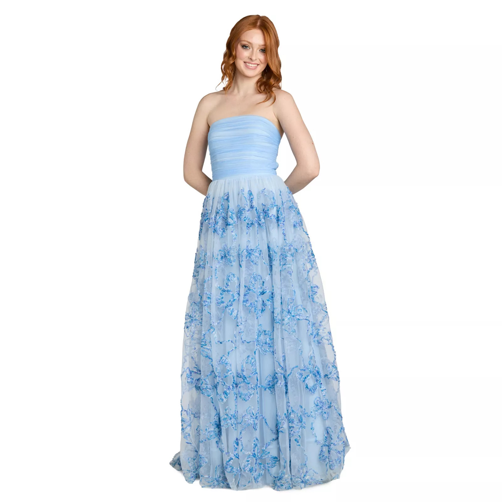 Juniors' Morgan and Co Strapless Tulle Ball Gown with Butterfly Soutache Design, Women's, Size: 0, Blue | Kohl's