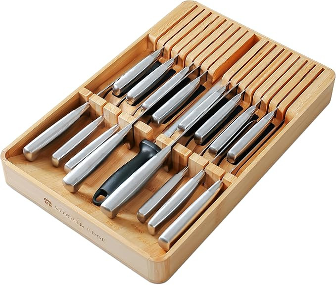 Knife Block Drawer Organizer – Kitchen Edge 17-Slot Drawer Insert with Sharpener Slot, Silicone... | Amazon (US)
