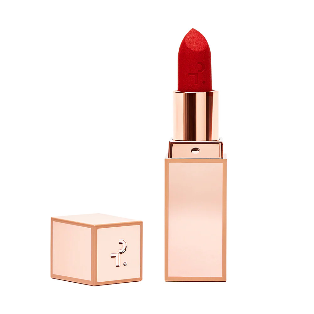 Major Headlines Matte Suede Lipstick in That's Why She's Late (Cherry Red) | Patrick Ta Beauty