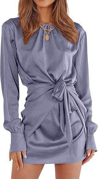 PRETTYGARDEN Women's 2023 Fall Satin Dress Long Sleeve Tie Waist Elegant Cocktail Party Mini Dresses | Amazon (US)