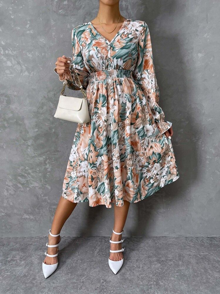 Allover Floral Print Flounce Sleeve Shirred Dress | SHEIN