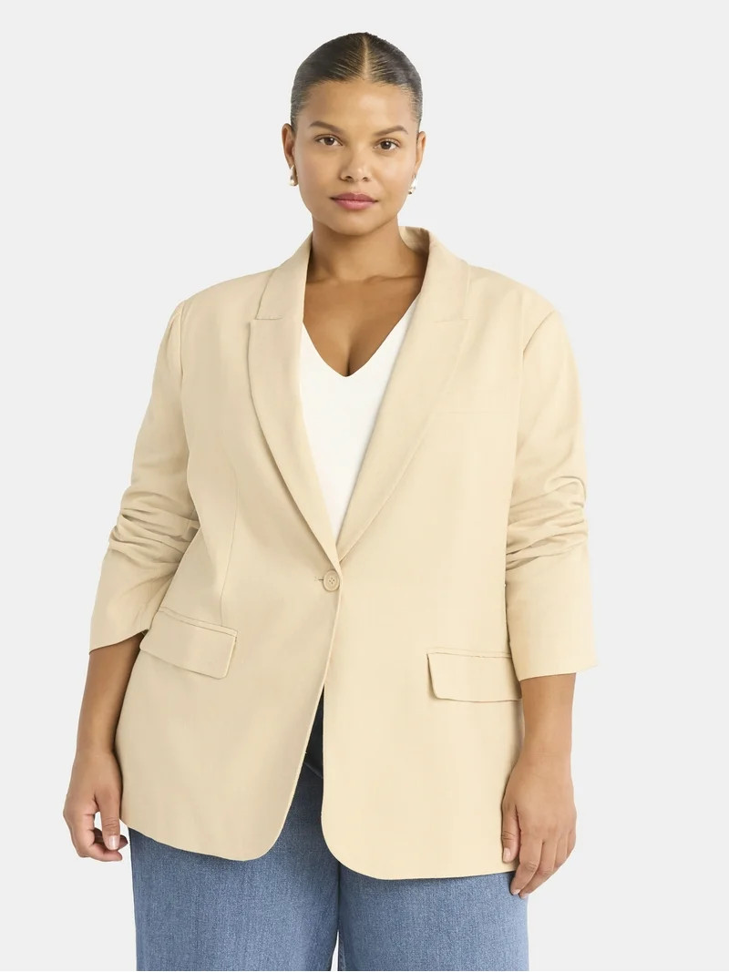 Scoop Women's and Women's Plus One Button Linen Blend Blazer, Sizes XS-4X | Walmart (US)