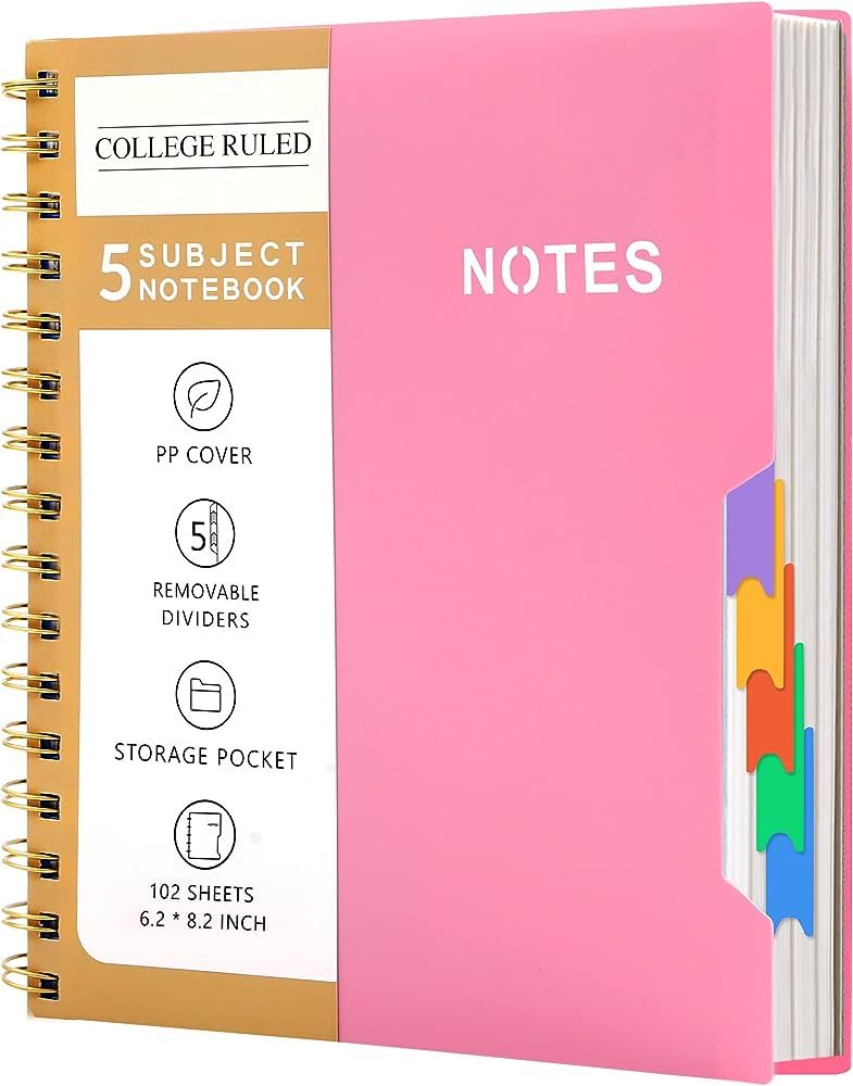 CAGIE 5 Subject Notebook College Ruled 6'' x 8'' Hardcover Spiral Lined Notebook with 5 Removable... | Amazon (US)