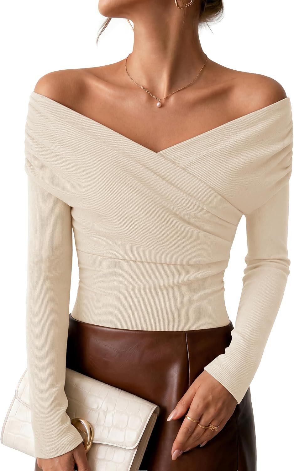 ZESICA Womens 2026 Fall Long Sleeve Wrap Off Shoulder Y2K Going Out Tops | Amazon (US)