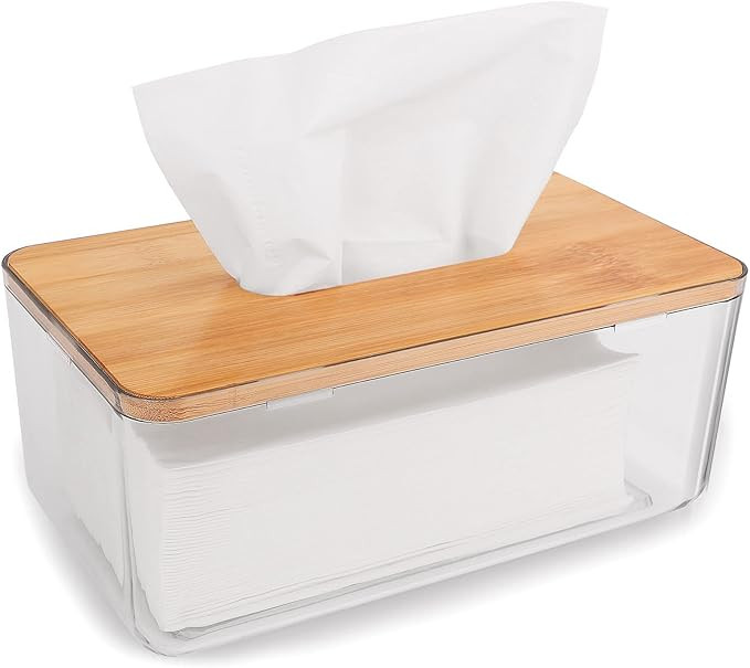 Minimalist Tissue Box Holder Rectangular with Bamboo Lid, Clear Dryer Sheet Holder Dispenser for ... | Amazon (US)