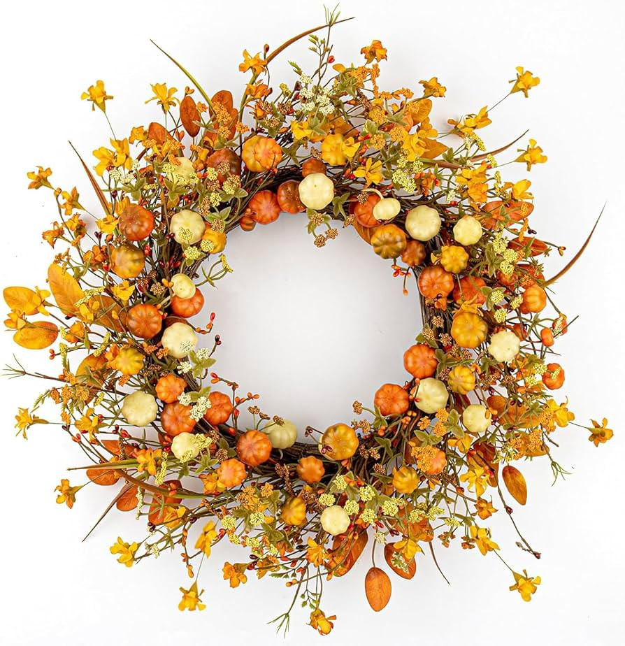 22 Inches Rustic Fall Wreath Farmhouse Autumn Wreaths for Front Door White Orange Pumpkin Wreath ... | Amazon (US)