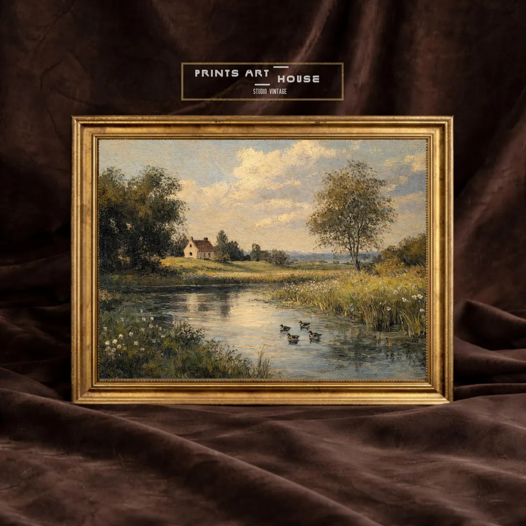 Vintage River Landscape Oil Painting with Ducks: Cottagecore Printable Art (Digital Prints) | Etsy (US)