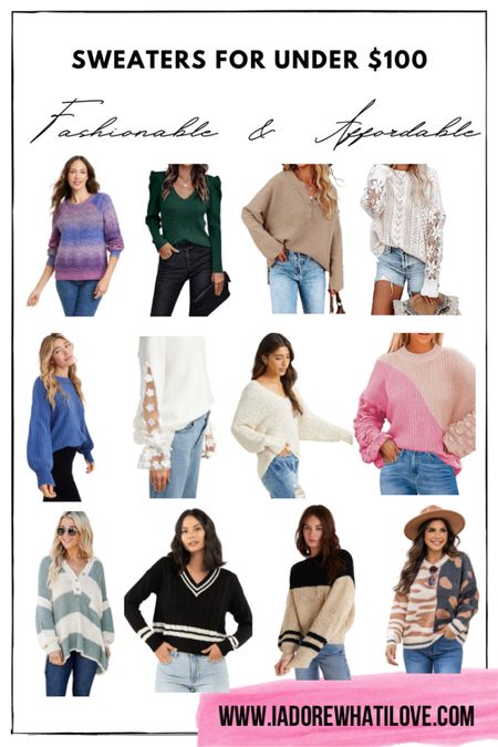 - knit v neck sweater 
- color block sweater 
- quinn sweater 
- animal print sweater 
- oversized striped sweater 
- crew sweater 
- French connection caballo sweater
- chunky knit pullover 
-crochet lace sweater 
- rib knit sweater 
- soho pullover 
- oversized sweater 
- crewneck 

#LTKstyletip #LTKunder100 #LTKSeasonal