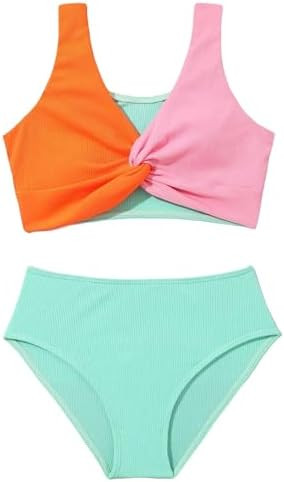 J.E Sterguard Two Piece Swimsuits Teen Bikini Color Block Girls' Swimwear Ribbed Swimsuits Size 8... | Amazon (US)