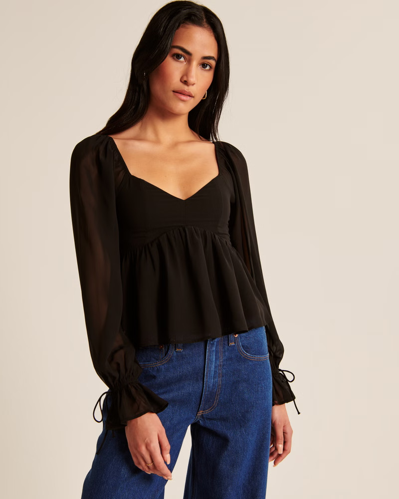 Long-Sleeve Babydoll Puff Sleeve Top | Abercrombie & Fitch (US)