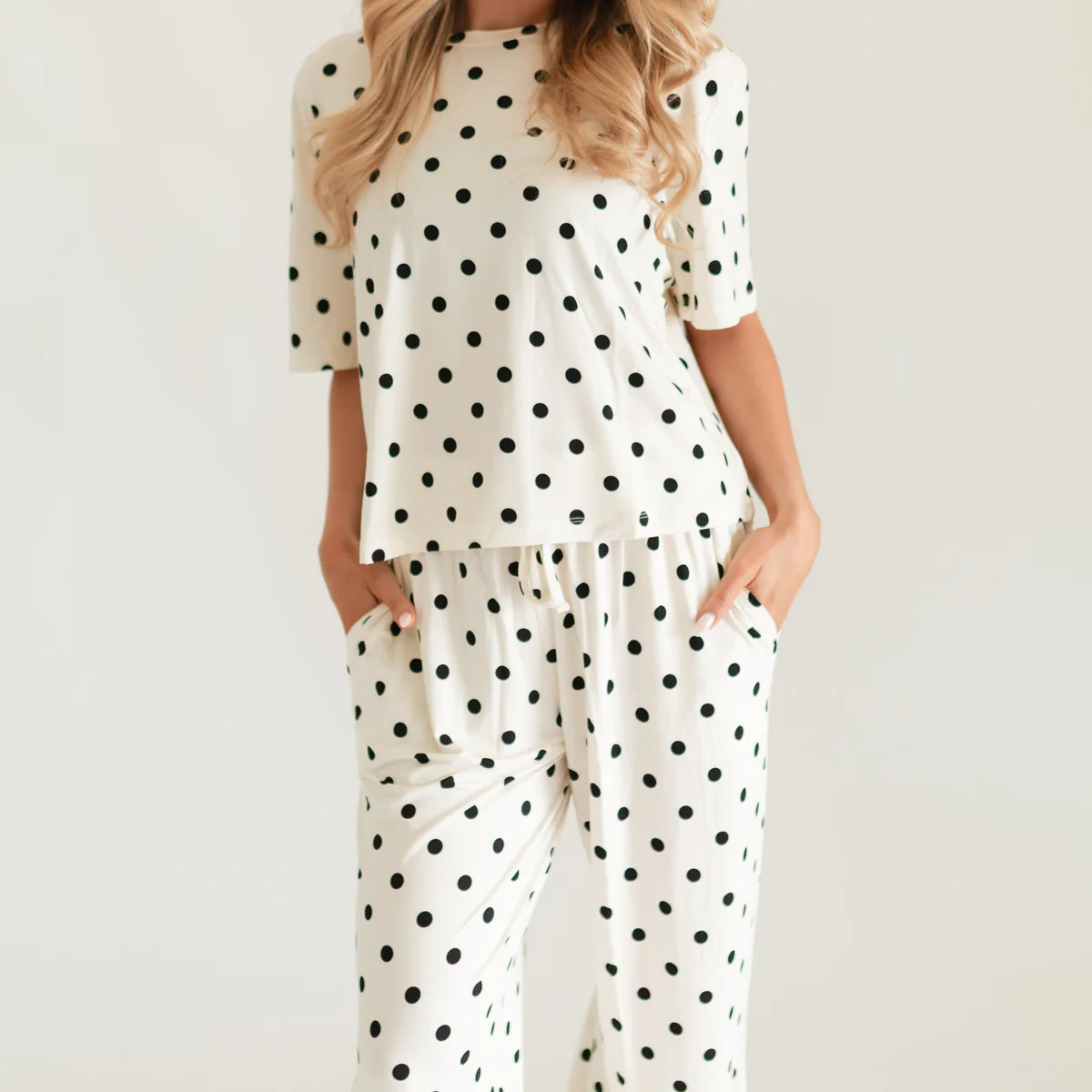 Women's T-Shirt and Pants Set in Cream & Black polka dot | Silks Design