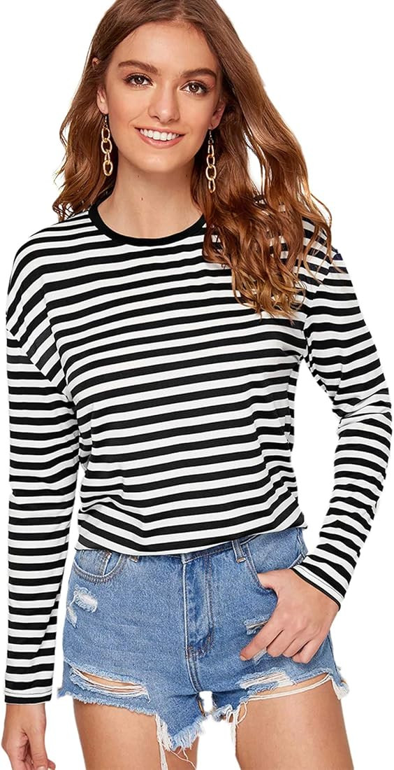 SweatyRocks Women's Casual Striped Tee Shirt Long Sleeve Round Neck Top | Amazon (US)