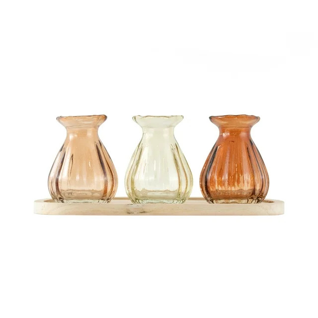3 Pc Indoor Decorative Translucent Glass Tabletop Bud Vase Set with Natural Wood Base Tray | Walmart (US)
