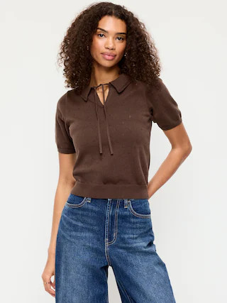 Tie-Front Seaside Cotton Pointelle Cropped Polo | Old Navy (US)